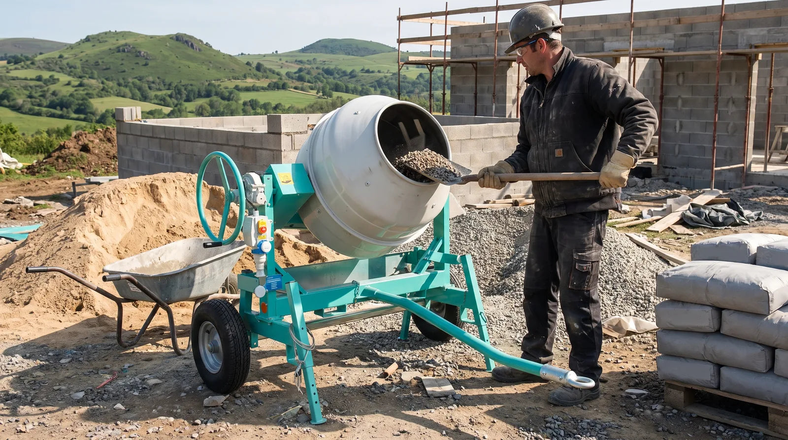 Maçon chargeant une bétonnière professionnelle à la pelle sur un chantier de maison individuelle