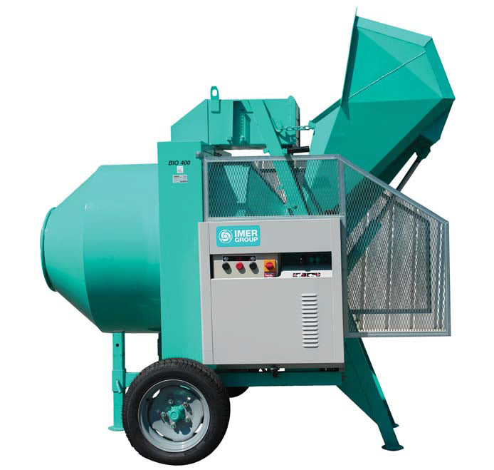 Imer bio 400 concrete mixer with towed shovel